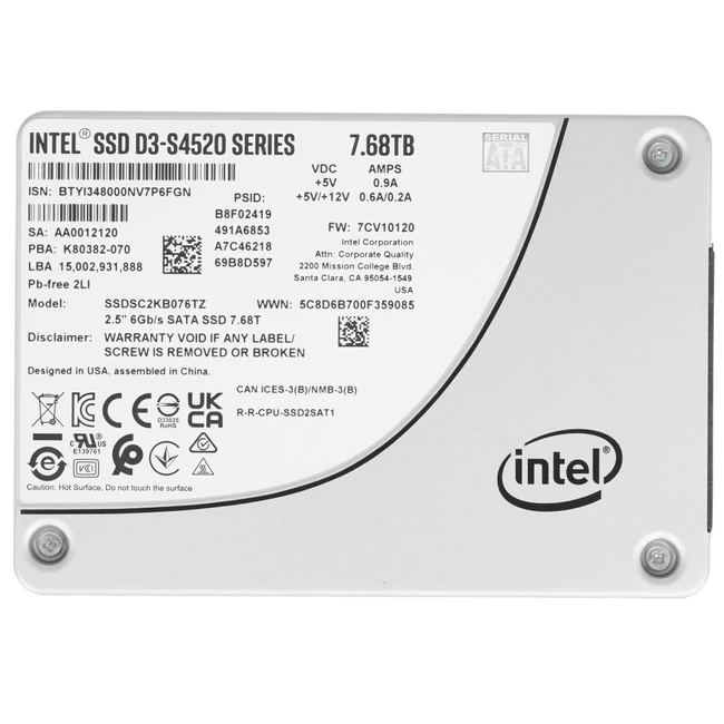 Серверный жесткий диск Intel D3-S4520 SSDSC2KB076TZ01 2,5 SFF, 7.68 ТБ, SATA