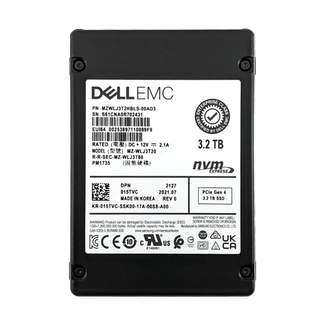 Серверный жесткий диск Dell SSD 3.2TB Dell Ent MU AGN U.2 NVMe 15TVC 2,5 SFF, 3.2 ТБ, PCIe
