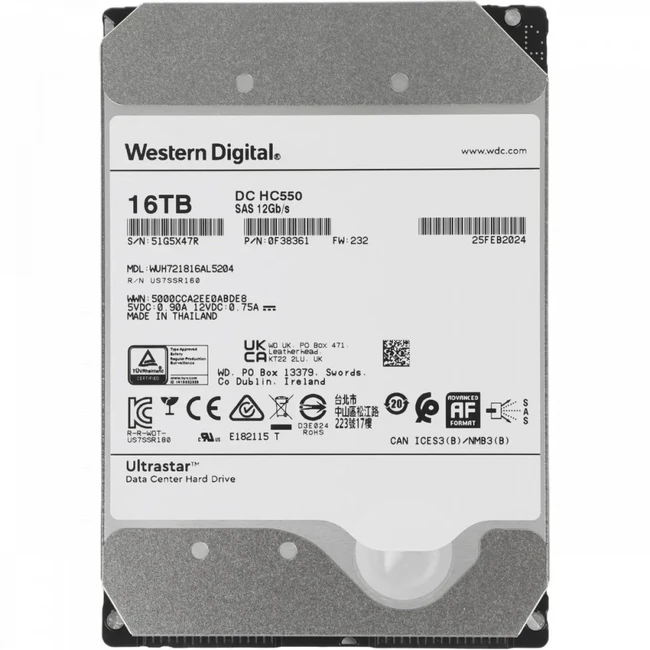 Серверный жесткий диск Western Digital Ultrastar DC HC550 WUH721816AL5204 WUH721816AL5204_0F38361 (3,5 LFF, 16 ТБ, SAS)