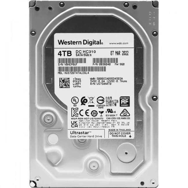 Серверный жесткий диск Western Digital DC HC310 HUS726T4TALE6L4, 4ТБ, HDD, SATA III, 3.5" [0B36040] HUS726T4TALE6L4_0B36040 (3,5 LFF, 4 ТБ, SATA)