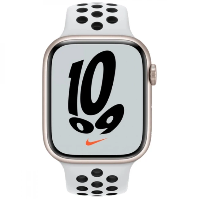 Apple Watch Nike Series 7 GPS, 45mm Starlight Aluminium Case with Pure Platinum/Black Nike Sport Band - Regular MKNA3GK/A