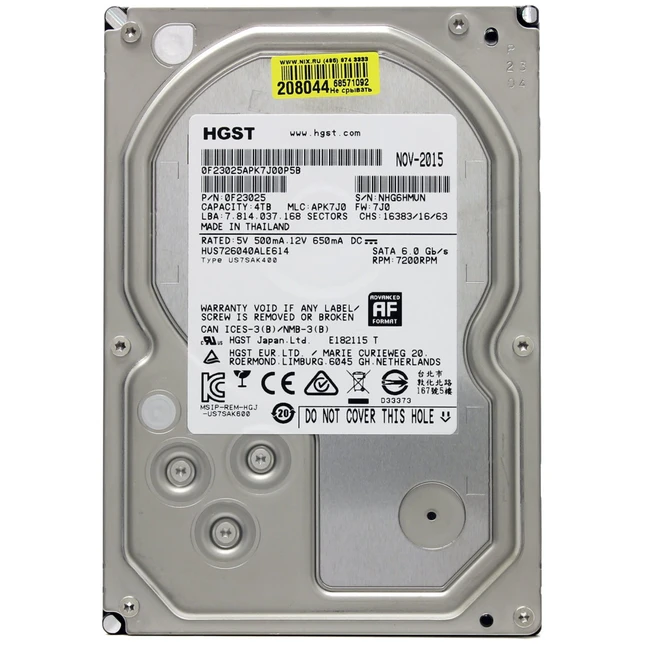 Внутренний накопитель Hitachi Ultrastar 4Tb SATA-III 128mb HUS726040ALE614 (HDD (классические), 4 ТБ, 3.5 дюйма, SATA)