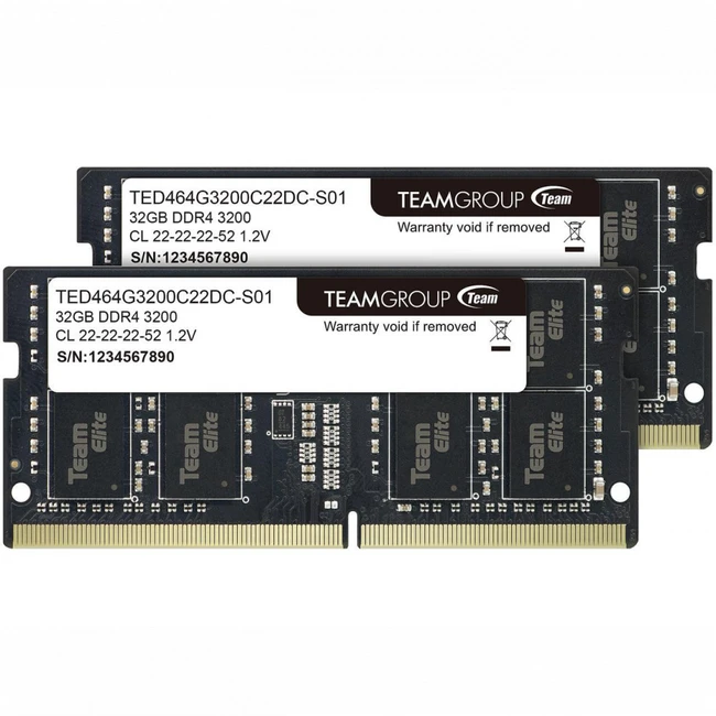 ОЗУ Team Group ELITE SO-DIMM TED464G3200C22DC-S01 (SO-DIMM, DDR4, 64 Гб (2 х 32 Гб), 3200 МГц)