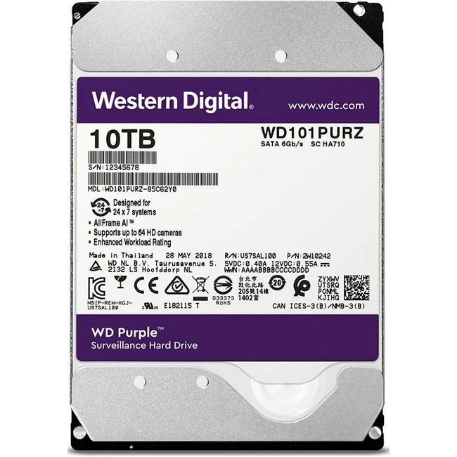 Жесткий диск Western Digital Purple WD101PURZ HDD (классические), 10 ТБ, 3.5 дюйма, SATA