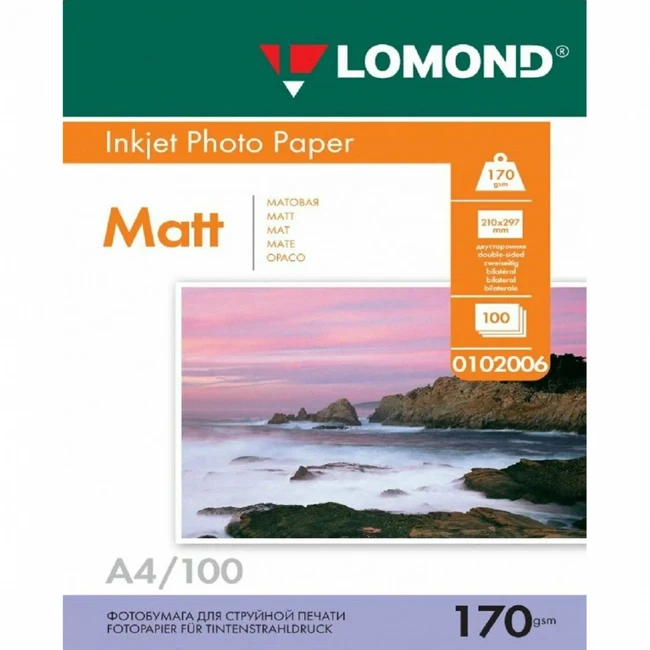 Бумага Lomond Бумага A4, 170г/м2, 100 листов, матовая, двусторонняя L0102006
