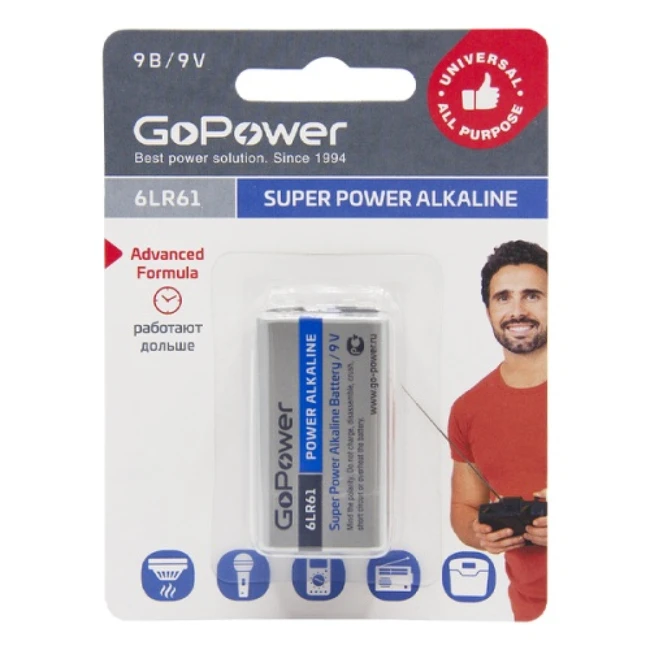 Батарейка GoPower Крона 6LR61 BL1 Alkaline 9V 00-00017863