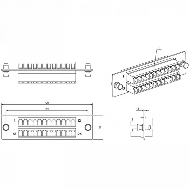 Аксессуар для серверного шкафа Hyperline Панель для FO-19BX с 24 LC адаптерами FO-FPM-W120H32-24LC-BL