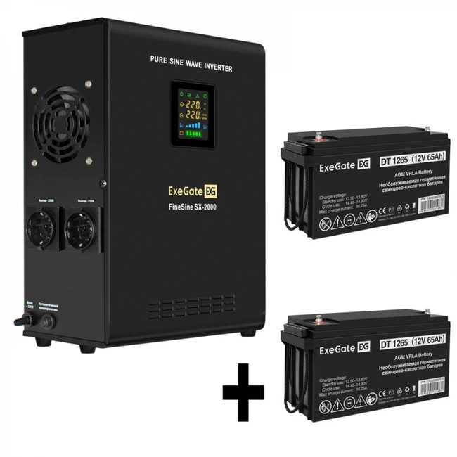 Источник бесперебойного питания ExeGate EX296001RUS + батарея 65Aч EX282980RUS 2шт EX296594RUS (Линейно-интерактивные, Настенный, 2000 ВА, 1400)