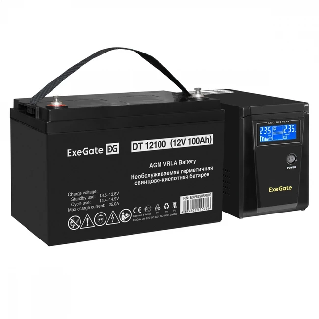 Источник бесперебойного питания ExeGate EX295986RUS + батарея 100Aч EX282985RUS 1шт EX296781RUS Линейно-интерактивные, Напольный (Tower), 600 ВА, 360 Вт