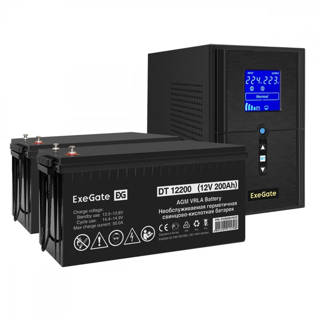 Источник бесперебойного питания ExeGate EX295987RUS + батарея 200Aч EX282991RUS 2шт EX296811RUS (Линейно-интерактивные, Напольный, 1000 ВА, 800)