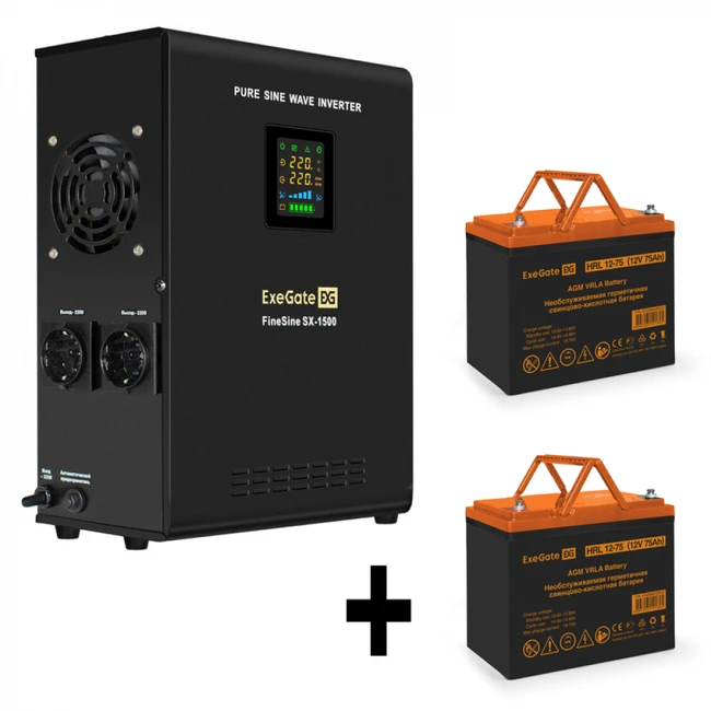 Источник бесперебойного питания ExeGate EX295998RUS + батарея 75Aч EX285653RUS 2шт EX296574RUS (Линейно-интерактивные, Настенный, 1500 ВА, 1050)