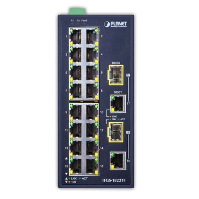 Коммутатор Planet IP30 Industrial IFGS-1822TF (100 Base-TX (100 мбит/с), 2 SFP порта)