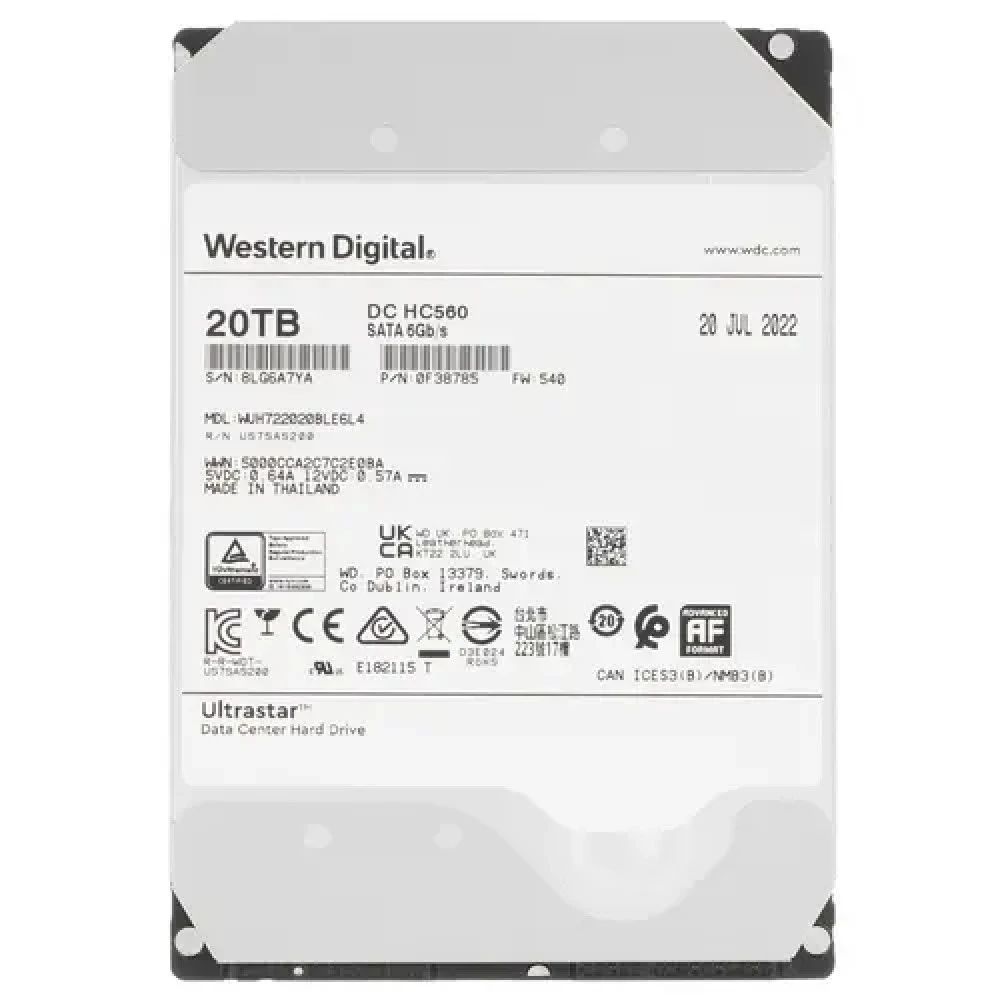 Жесткий диск Western Digital Ultrastar DC HC560 [0F38785] HDD (классические), 20 ТБ, 3.5 дюйма, SATA